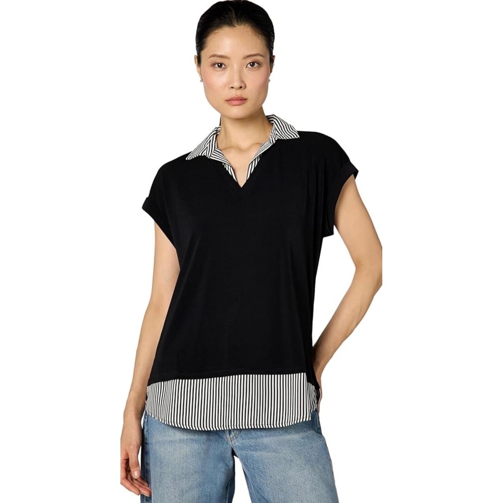 Adrianna Papell PLUS‎ SIZE 1X V-Neck Flutter Sleeve Layered Top TWOFER Black